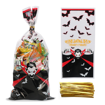 Bolsos impresos de encargo de la invitación del celofán con los lazos de torsión para Halloween